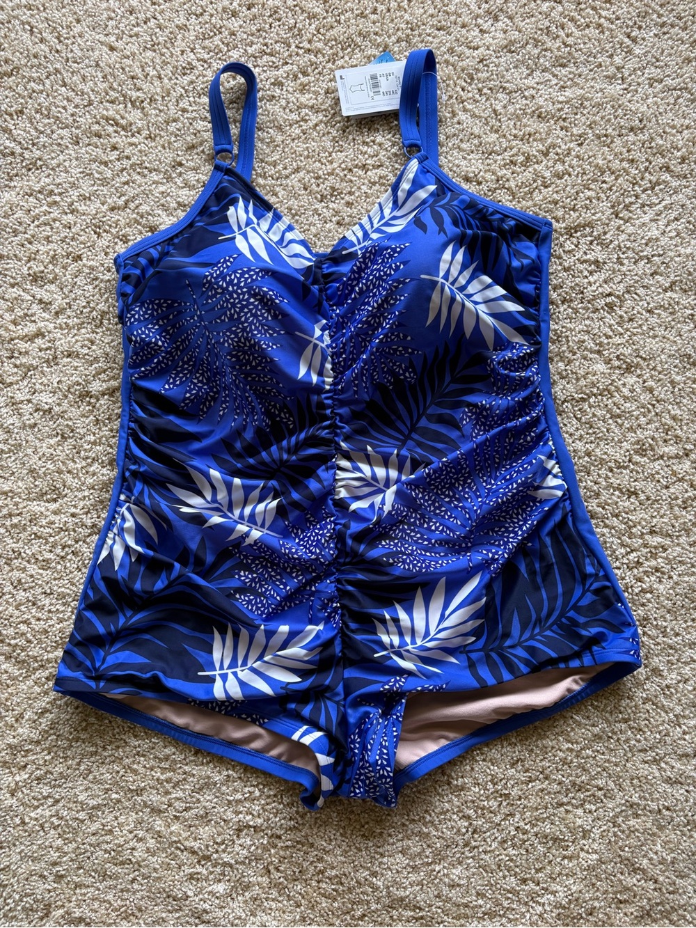Amoena Mumbai One Piece Swimsuit Sz 22C Royal Blue Palm Ruched Mastectomy